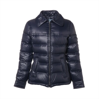 ジャケット・アウター prada triangle logo down vest navy PRADA Men Down Vest Blue Brown Leather Pads Triangle Logo