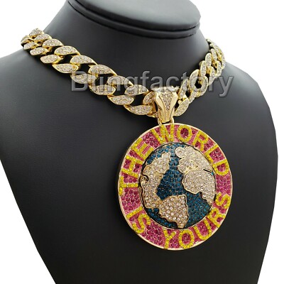 THE WORLD IS YOURS PENDANT & 18'' ICED CUBAN CHAIN HIP HOP BUST DOWN NECKLACE