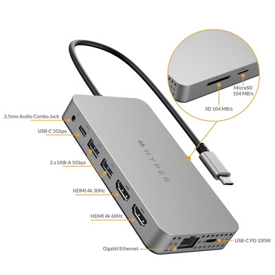HyperDrive HDM1H Dual 4K HDMI 10-in-1 1 USB-C Hub Dock for MacBooks, Windows