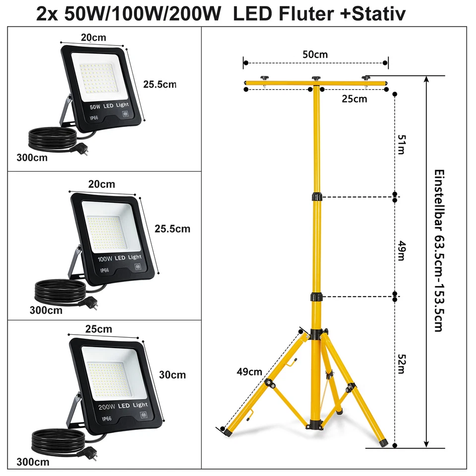 2pcs 50W/100W/200W LED Fluter Flutlicht Baustrahler IP66 Scheinwerfer mit Stativ - Bild 2 von 4