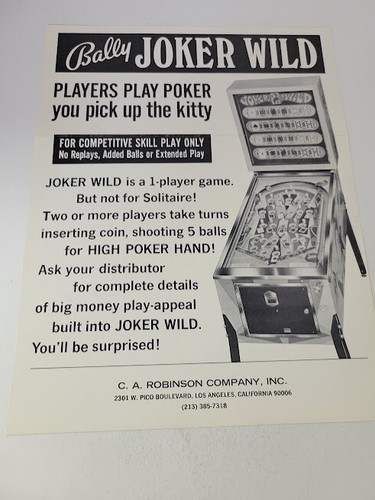 Flyer  BALLY=JOKER WILD   PINBALL ARCADE  advertisement original see pic