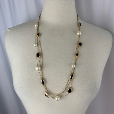Multi Strand Faux Pearl Enamel Station Necklace Gold Tone Black 30''