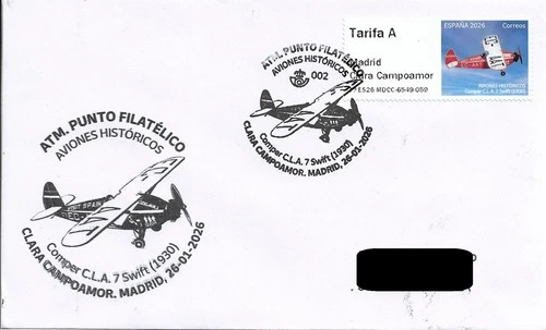 SPAIN. POSTMARK. AIRPLANE COMPER C.L.A. SWIFT. AVIATION. ATM. 2026