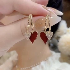 Women’s Heart Hoop Earrings Red Enamel Dangle Cute Crystal Drop Fashion Jewelry