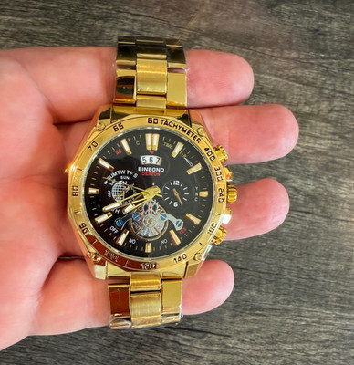 BINBOND Denton Men's Quartz Tachymeter Day/Date Black Dial Gold Bracelet Box