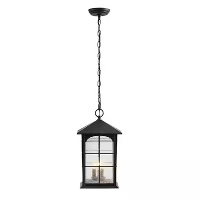 3-Light Aged Iron Outdoor Hanging Lantern Pendant Seedy Glass Porch Light