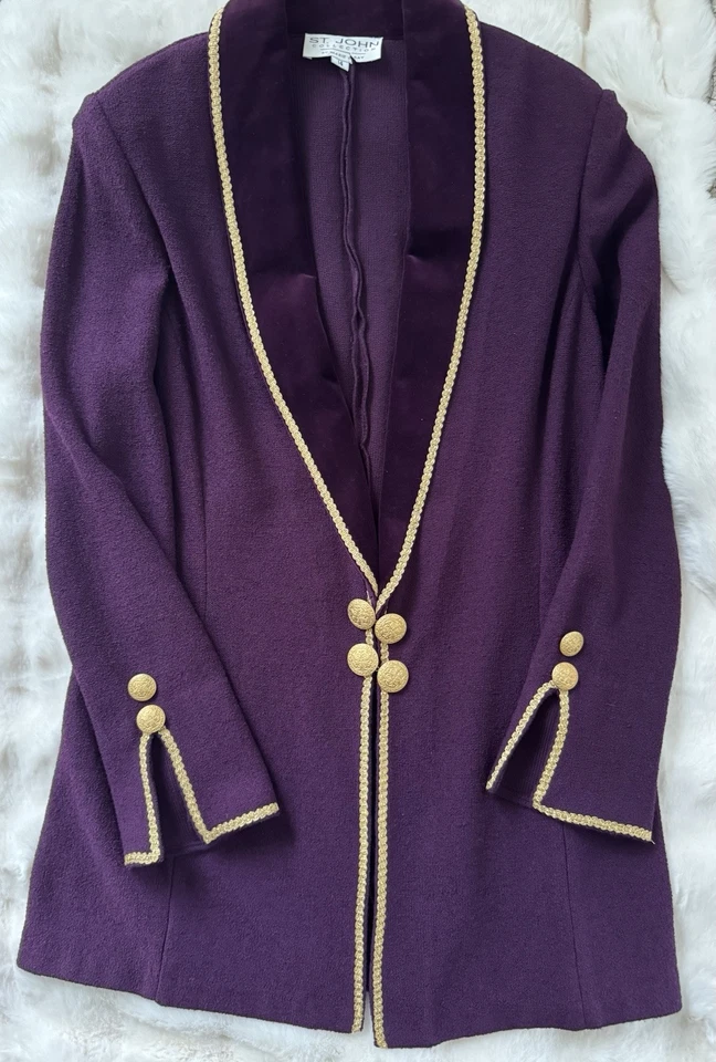 St. John Knit Purple Pant Suit Velvet Collar Gold Trim Size 10/14  - Image 2 of 4