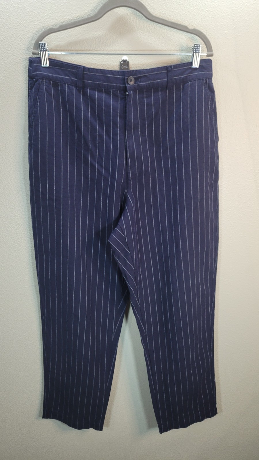 UNIQLO Navy Pinstripe Linen Blend Cropped Pants XL 32-33 Elastic Waist