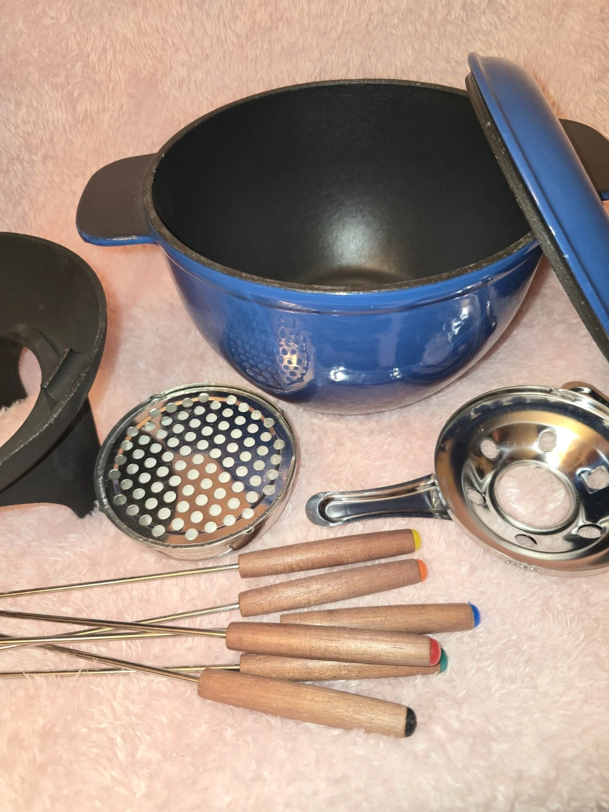 Retro Fondue Ceramic Set Blue Enamel Pot with Lid Forks and Accessories
Opens in a new window or tab