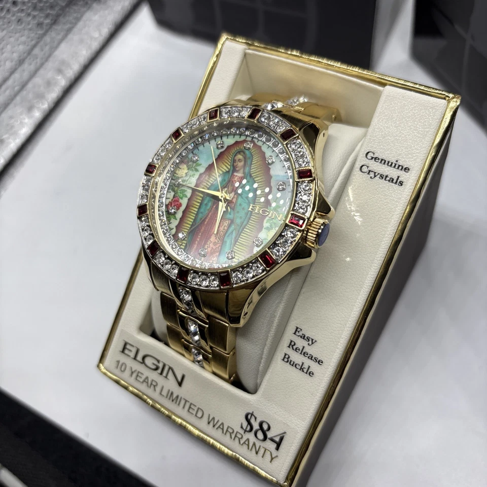 Relógio masculino Lady of Guadalupe mostrador gráfico cristal acentuado tom dourado - Imagem 2 de 4