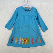 Vintage Cotton Kids Dress Girls 6 Blue Crayon Applique Rainbow Long Sleeve