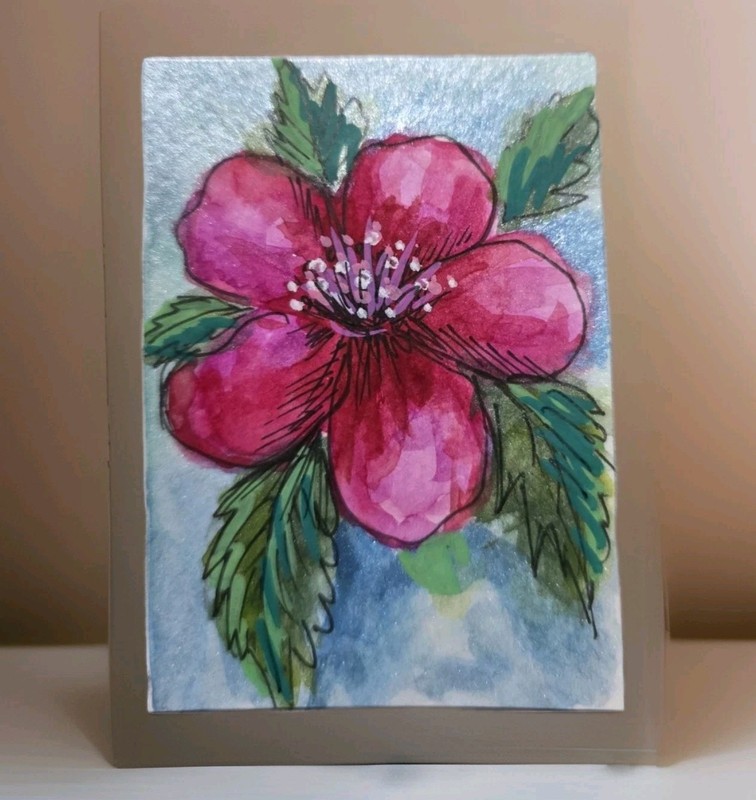 ACEO Original Watercolor Painting, 2.5 × 3.5 in, Pink Hibiscus, ShineGoldenArt
