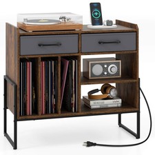 Large Record Player Stand w/Charging Station, 2 Fabric Drawers, Adjustable Shelf
