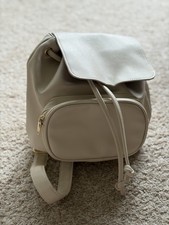 Women  s Beige Drawstring Mini Backpack Purse Front Zip Pocket Gold Hardware