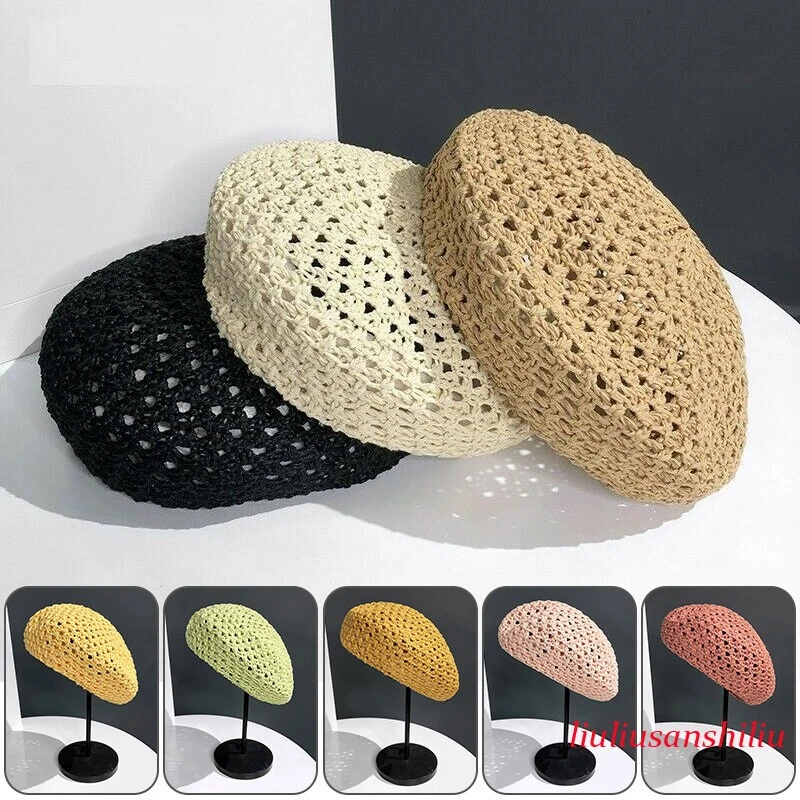 Women Handmade Vintage Woven Beret Summer Beanie Hat Adjustable Cap Cutout Style