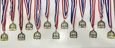 Lot of 13 Bronze/Gold-Colored Award Medals   Red White Blue Ribbons   Generic