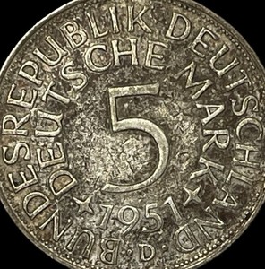 1951-D Germany Silver 5 Deutsche Mark Coin Berlin Mint 1st Year Type Lot D6-93
