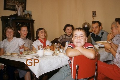 XX121- b Old 35mm Slide Photo- People at Table Eating- Toy-Red Kodachrome- 1950s