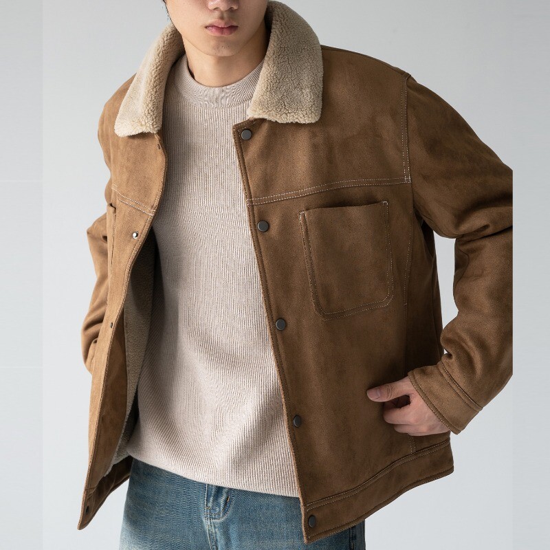 Men Faux Sherpa Fleece Lined Jacket Warm Faux Suede Coat Short