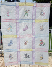 Nursery Baby Crib Blanket Quilt Embroidered Hand Crafted Kittens/Puppies 1970s