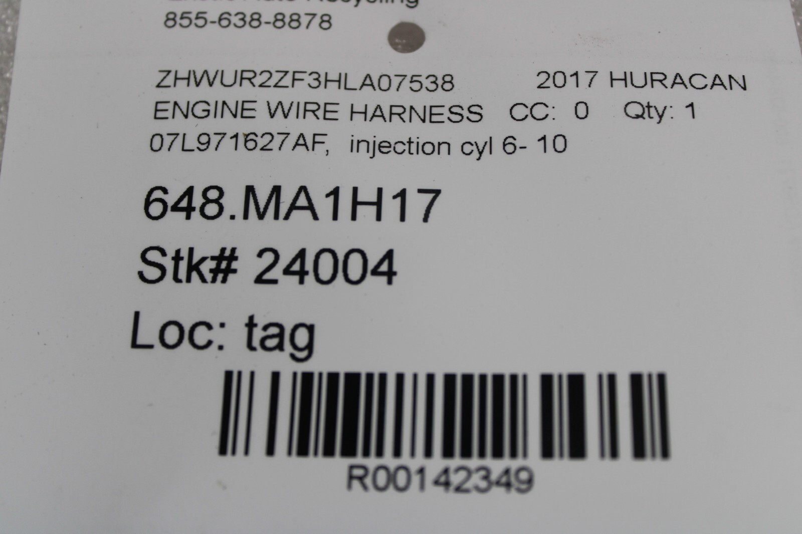 Lamborghini Huracan LP580, 610, Injection Wire Harness, Used, P/N 07L971627AF