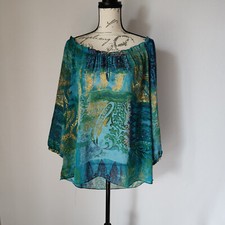 Chaps Women's XL Chiffon Paisley Floral Off-Shoulder Top 3/4 Sleeve Multi-Color