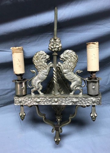 Antique VTG Pair Nickel Heavy Brass Interior Double Wall Lions Sconces 908-22B - 第 2/11 張圖片