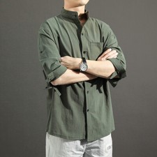 Men's Casual Cotton Linen Short Sleeve Japanese Shirt Thin Loose Stand-up Tops