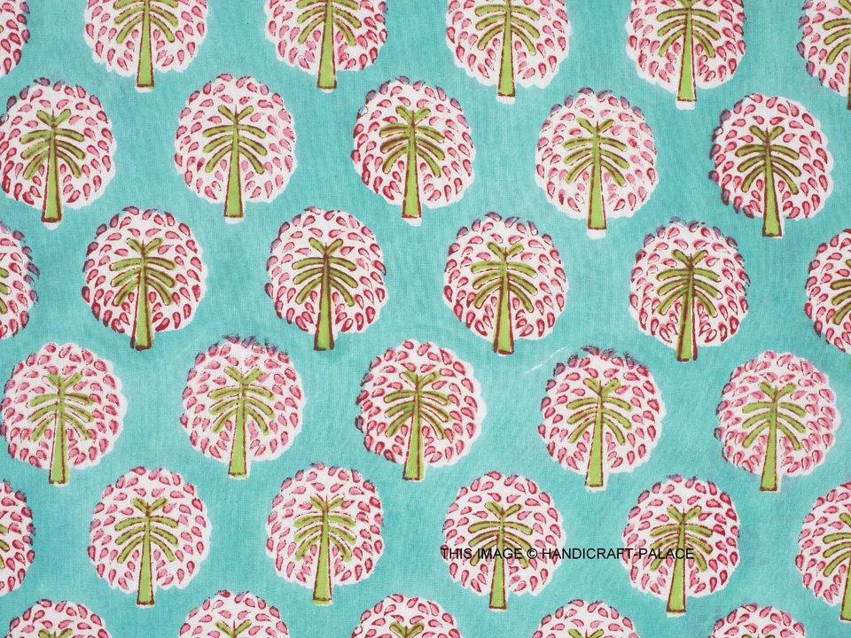 Indian Hand Block Palm Tree Print Cotton Voile Fabric by 5 Yard for Dress Making - Image 1 of 3