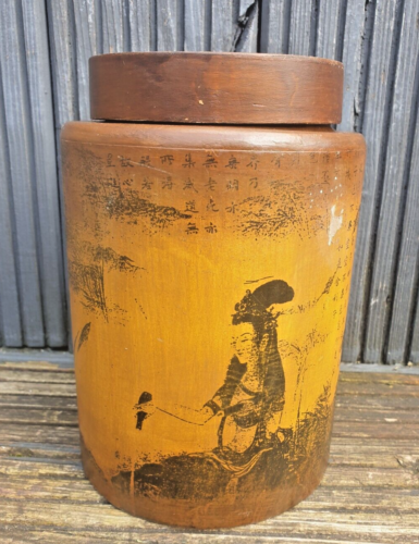 Vintage Cylindrical Wooden Storage Box Encased in Paper Chinese Decoration - 第 1/11 張圖片