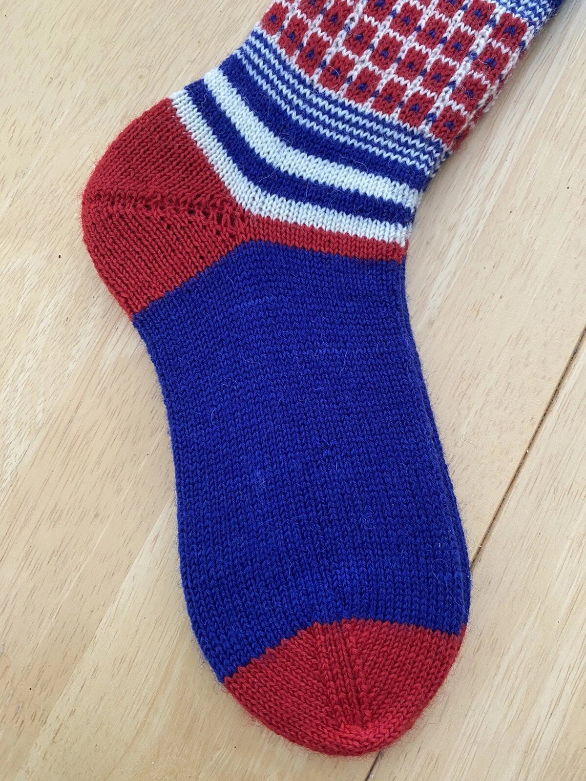 hand knitted wool socks - Red Blue And White.