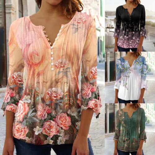 Womens Floral Printed V Neck Long Sleeve T-shirt Ladies Slim Blouse Boho Tees