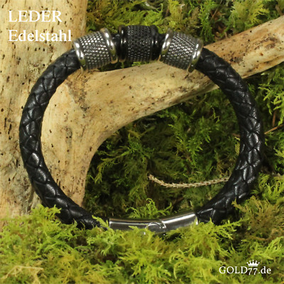 Herren-Lederarmband doppelt geflochten mit 3 breiten Slider-Beads VS Edelstahl