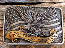 God Bless America Bald Eagle USA Flag Silver  Gold Tone Nocona Belt Buckle