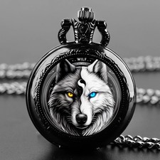 Black Wolf Pocket Watch   Full Hunter Case Quartz Watch with Chain