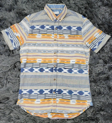 7 Diamonds Shirt Mens Large Southwestern Stripe Cuffed Short Sleeve Cotton Logo