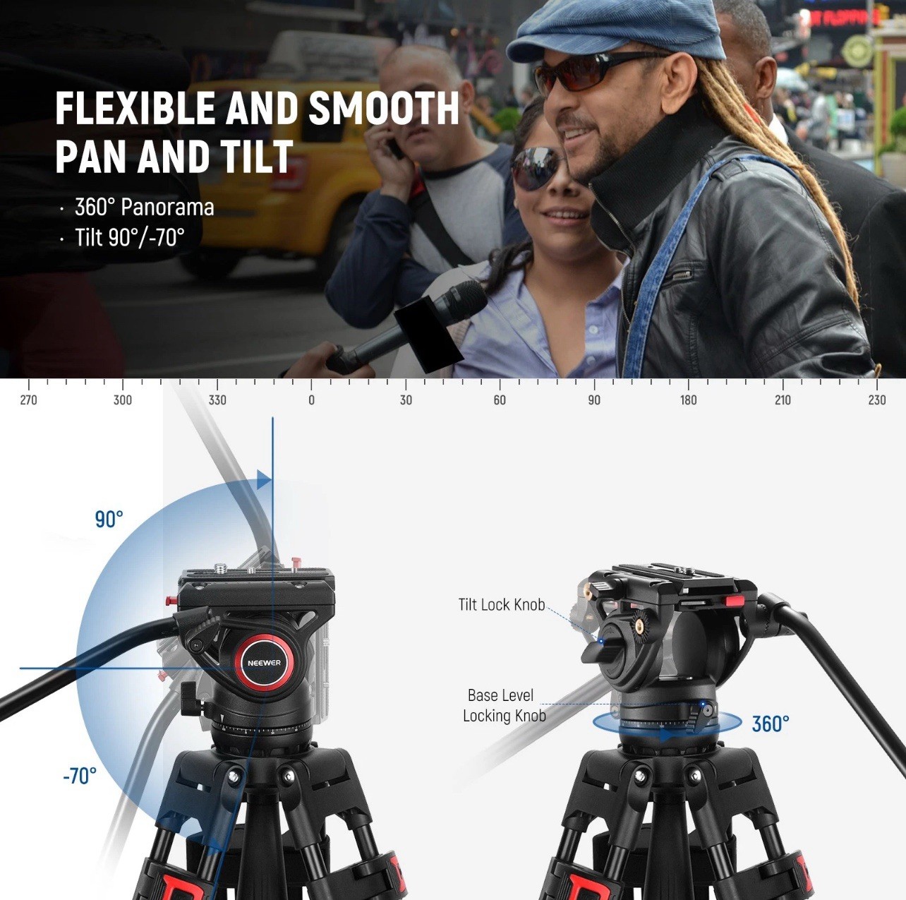 NEEWER TP74D 74" Video Tripod w/Fluid Head, QR Plate, 17.6lb Load