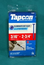 Tapcon  3/16" x  2-3/4"  Concrete Screws, (75-Ct) w/Drill & Star Bit