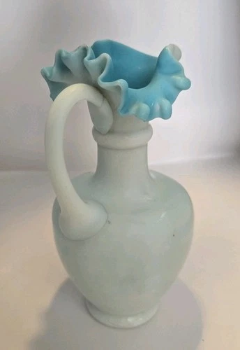 Satin Glass Fenton Blown Glass White Pitcher/vase Blue Ruffled Top And Inside...