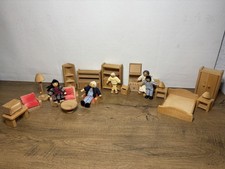 Wooden Dolls House Figures Family poseable bendable & Furniture beds sofa table