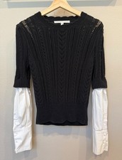 Veronica Beard Spense Mixed Media Pointelle Black Twofer Sweater Medium Preppy