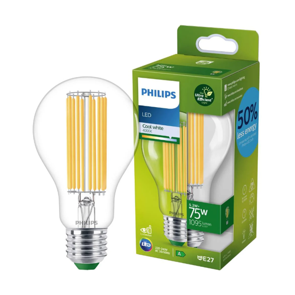 Philips Led E27 A70 Filament Klar 5,2W =75W Ultra Effizient 1095Lm Neutral 4000K-image