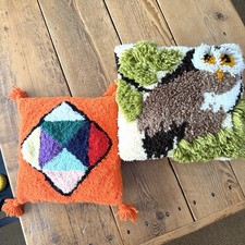 2 Vintage Latch Hook Pillows- Owl 14  x12  And Geometric 10x11 Colorful 1970  s