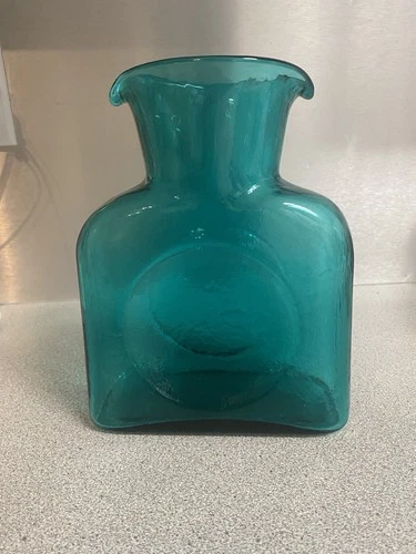 Vintage Blenko Teal Glass Double Spout Water Bottle Carafe In ExcellentCondition