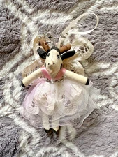 Vintage Primitive Cloth Christmas Ornament Black, White, Pink Angel Cow