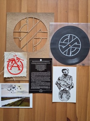 Crass - Do They Owe Us A Living, First & Last, Flexi + Stencil, Patch, Postcards