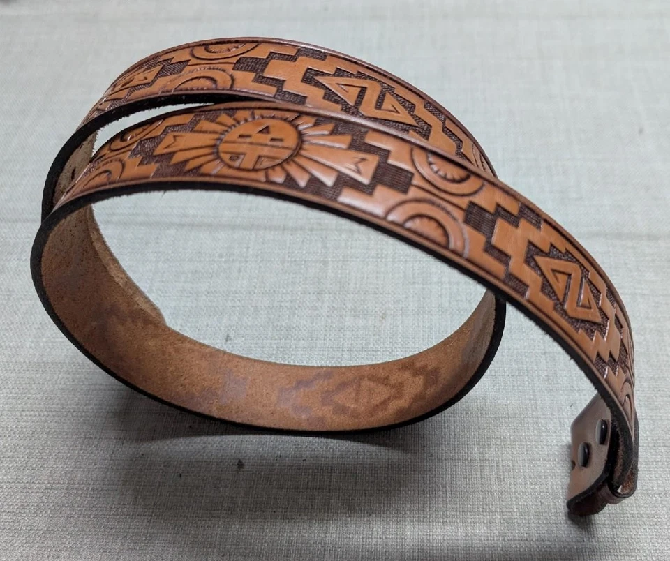 vintage TOOLED buckle belt SOUTHWESTERN leather 38 native american INDIAN cowboy - Image 1 of 4