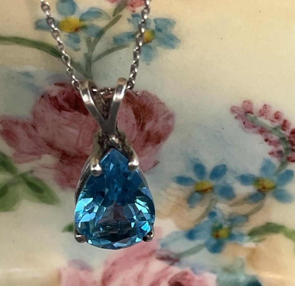 ITALY 925 Sterling Silver 18in Necklace & Tear Drop London Blue Topaz Pendant