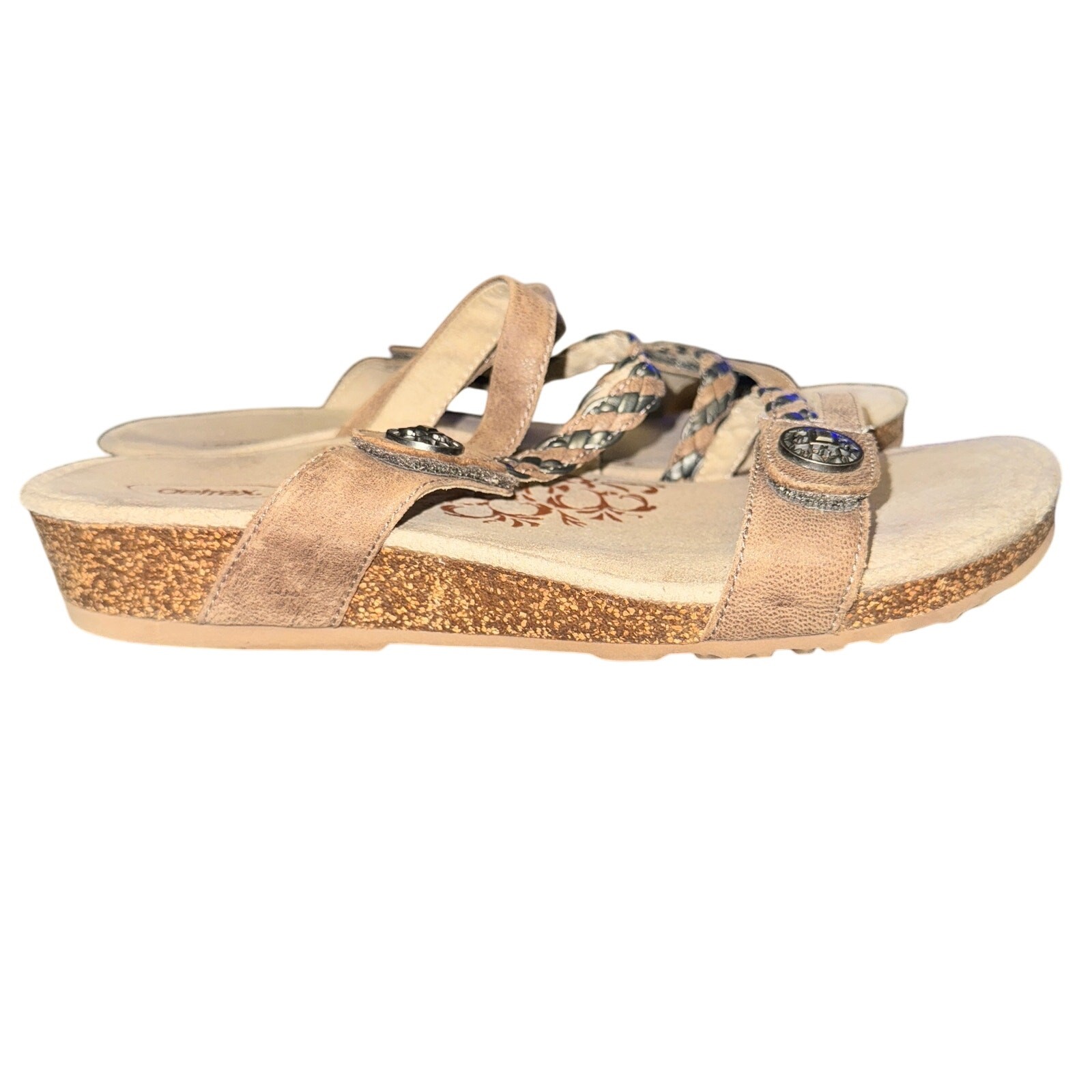 APL Scarpa sandalo donna Aetrex Janey Quarter intrecciato slide taglia 11 pelle marrone