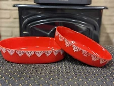 “Stoneware By Grestel” Made In Portugal.  Red With White Scalloped Doily Edge...